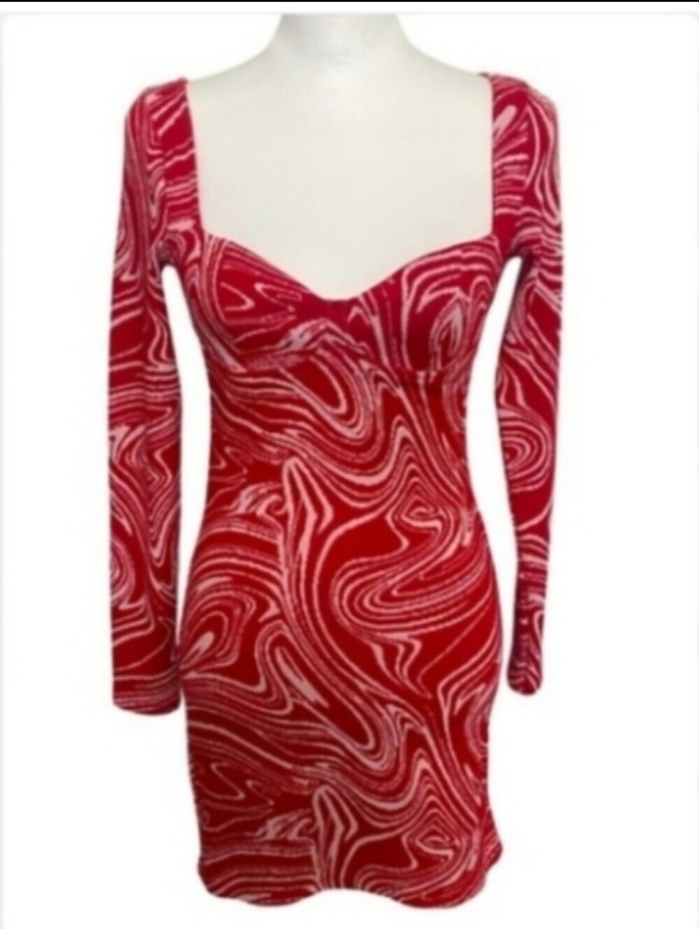 ZARA Jacquard Red Swirl Mini Dress Knit Long Sleeve Medium Sweetheart Bodycon - Picture 7 of 7